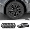 Set wieldoppen Tesla Model Y Juniper 2025+ Helix 19 inch zwart gemonteerd op velg, met volledige weergave van 4-delige set en Model Y zijaanzicht.