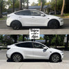 Voor en na vergelijking van een witte Tesla Model Y met originele wieldoppen versus Zilver Black Helix 19 inch wieldoppen
